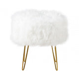 White Faux Fur Stool Ottoman with Gold Legs - KD