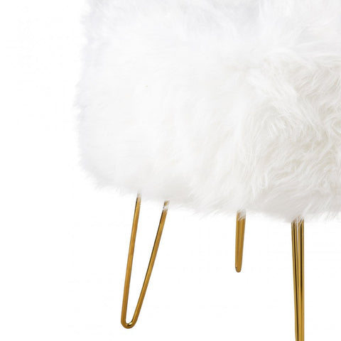 White Faux Fur Stool Ottoman with Gold Legs - KD