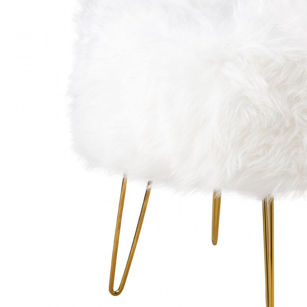White Faux Fur Stool Ottoman with Gold Legs - KD
