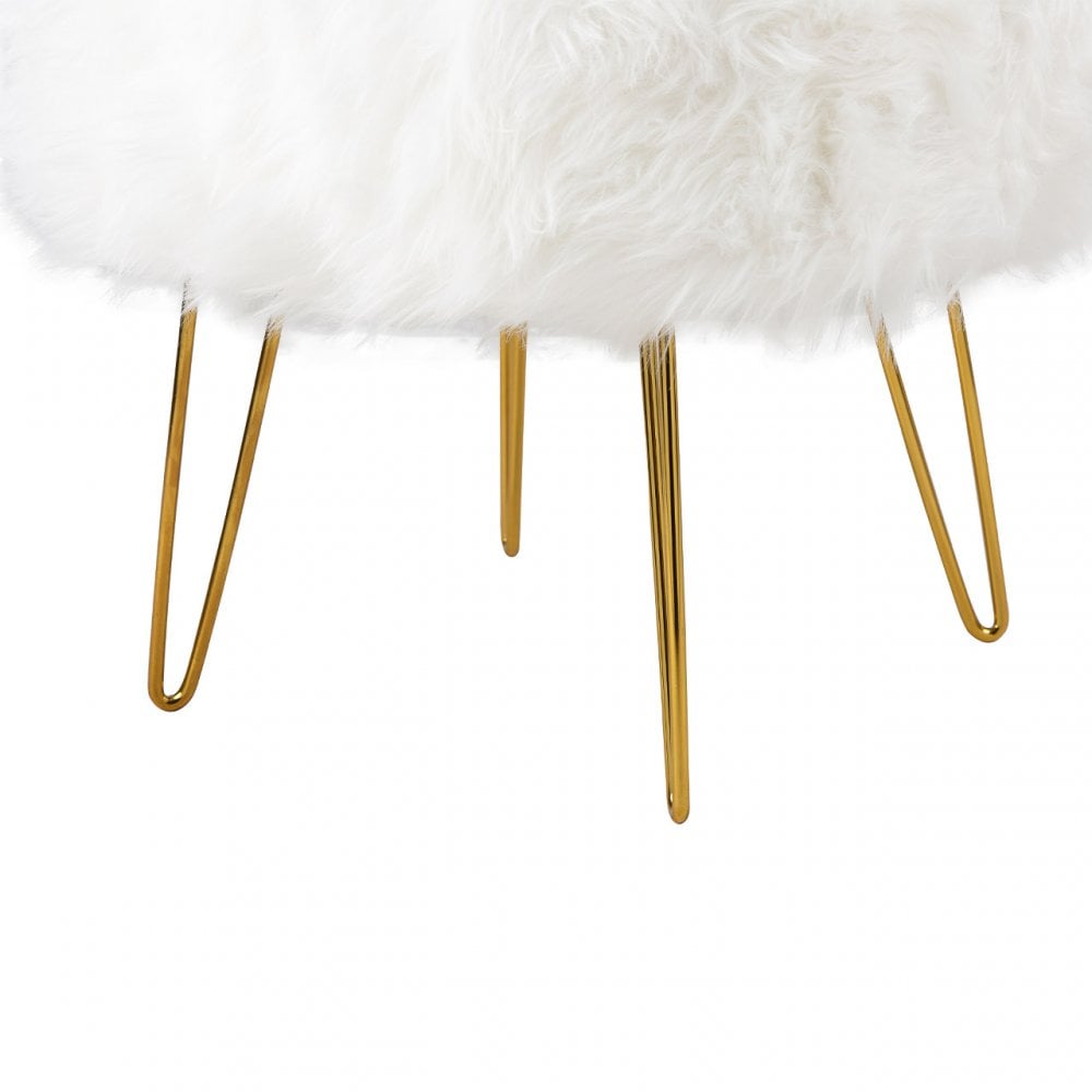 White Faux Fur Stool Ottoman with Gold Legs - KD