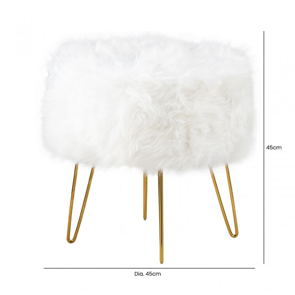 White Faux Fur Stool Ottoman with Gold Legs - KD