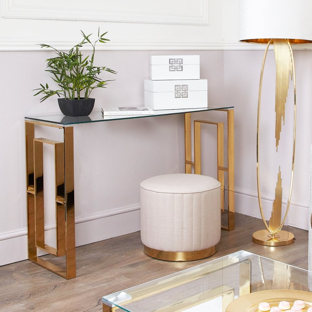 Apex Gold Metal Console Table Clear Glass Top
