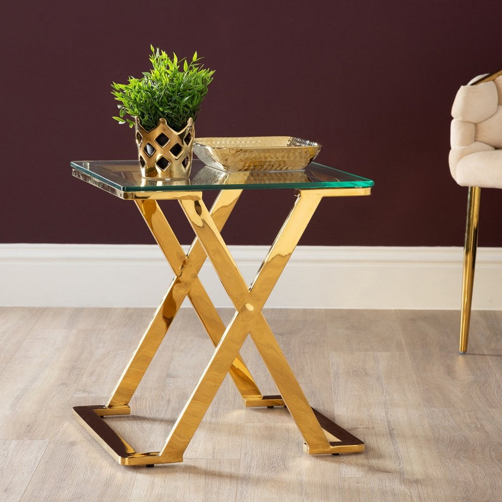 Axel Gold Metal End Table with Clear Glass-2 Parts