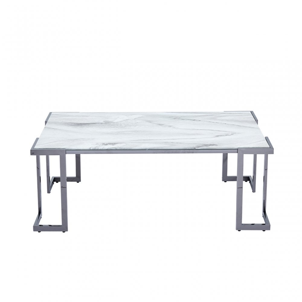 Aamari Grey Gunmetal Coffee Table with White Faux Marble Glass Top-KD