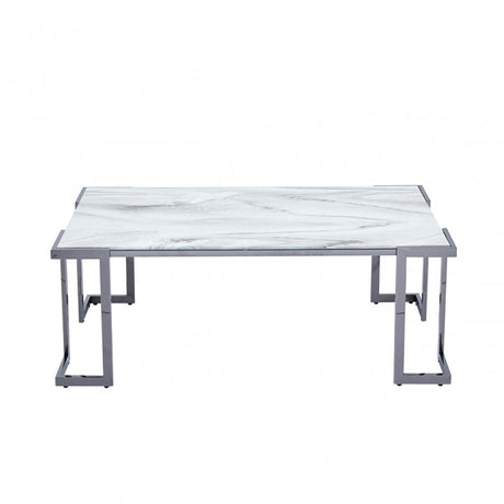 Aamari Grey Gunmetal Coffee Table with White Faux Marble Glass Top-KD