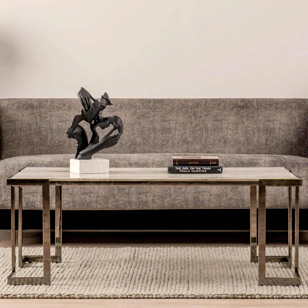 Aamari Grey Gunmetal Coffee Table with White Faux Marble Glass Top-KD