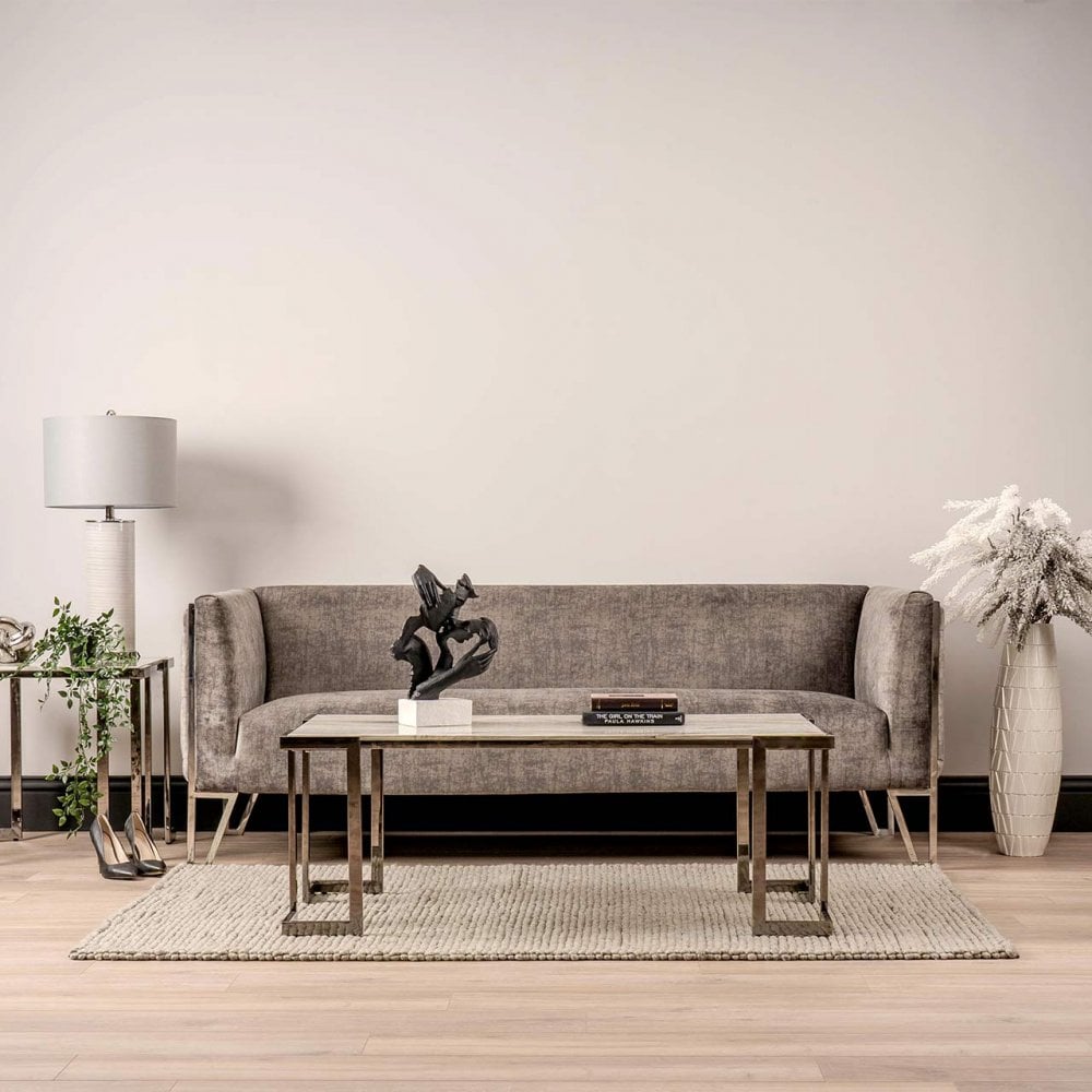 Aamari Grey Gunmetal Coffee Table with White Faux Marble Glass Top-KD