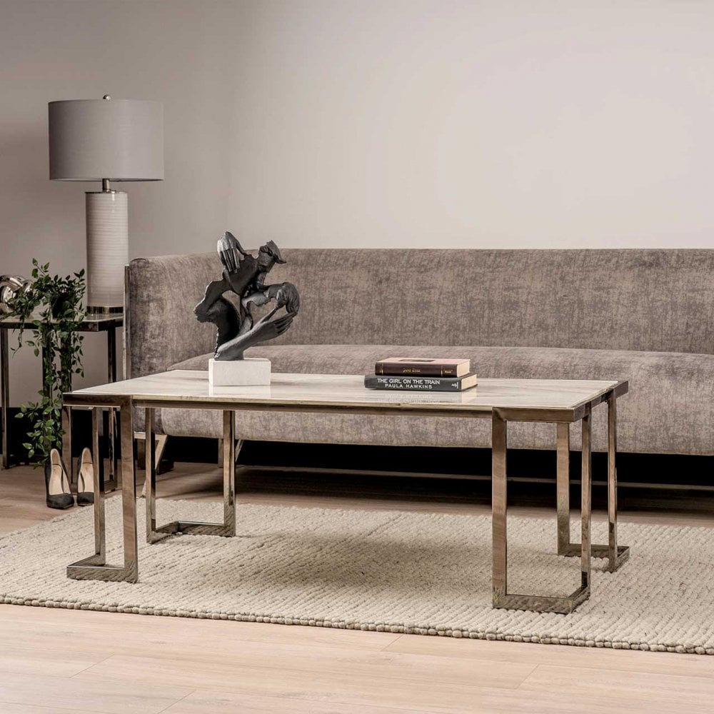 Aamari Grey Gunmetal Coffee Table with White Faux Marble Glass Top-KD
