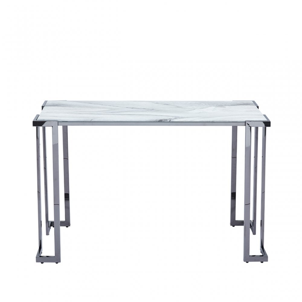 Aamari Grey Gunmetal Console Table with White Faux Marble Glass Top-KD