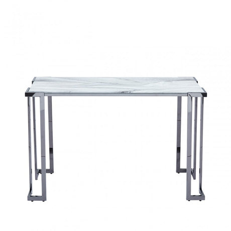 Aamari Grey Gunmetal Console Table with White Faux Marble Glass Top-KD