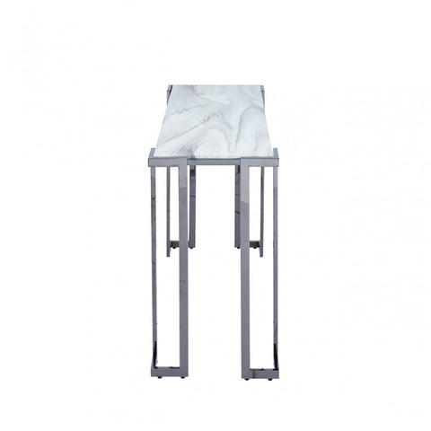 Aamari Grey Gunmetal Console Table with White Faux Marble Glass Top-KD