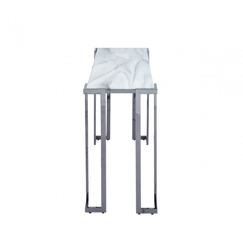 Aamari Grey Gunmetal Console Table with White Faux Marble Glass Top-KD