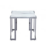 Aamari Grey Gunmetal End Table with White Faux Marble Glass Top-KD