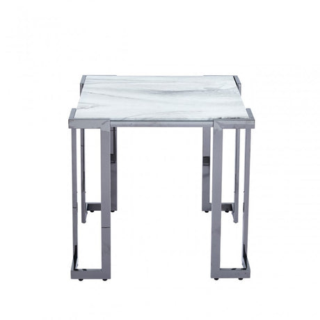 Aamari Grey Gunmetal End Table with White Faux Marble Glass Top-KD