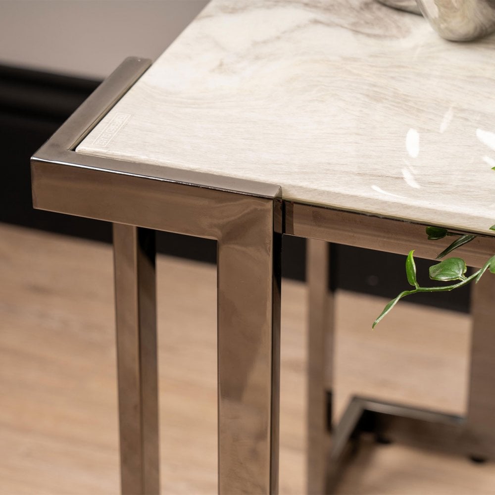 Aamari Grey Gunmetal End Table with White Faux Marble Glass Top-KD