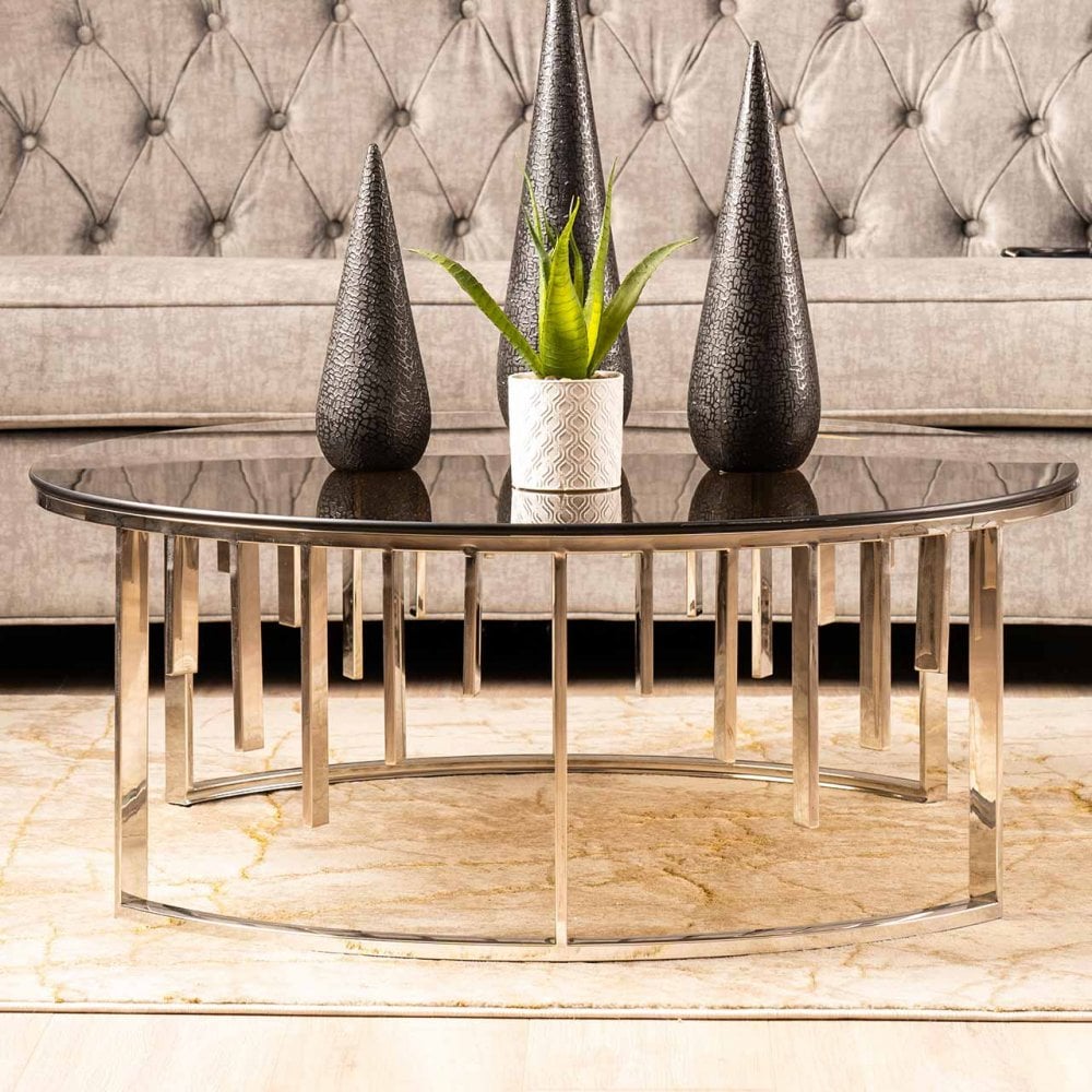 Owen Round Chrome Metal Coffee Table with Smoke Glass Top-2 Parts