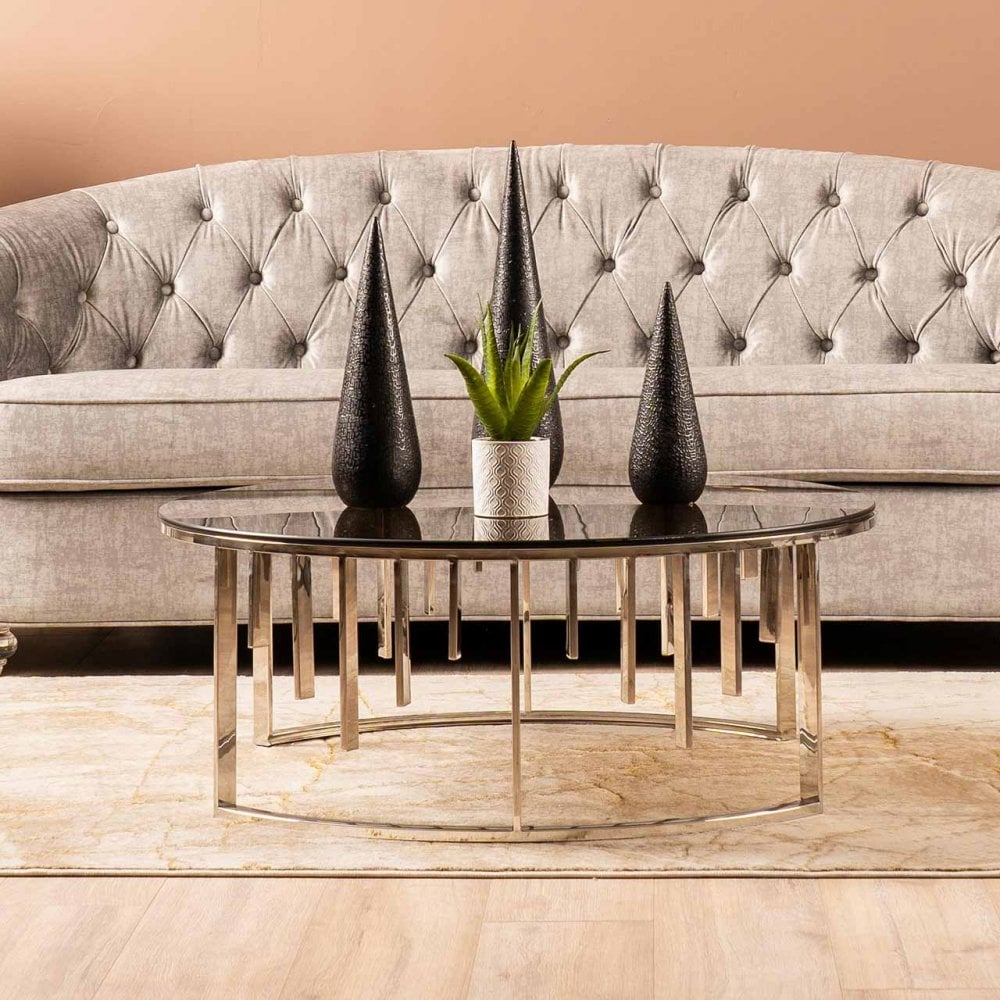 Owen Round Chrome Metal Coffee Table with Smoke Glass Top-2 Parts