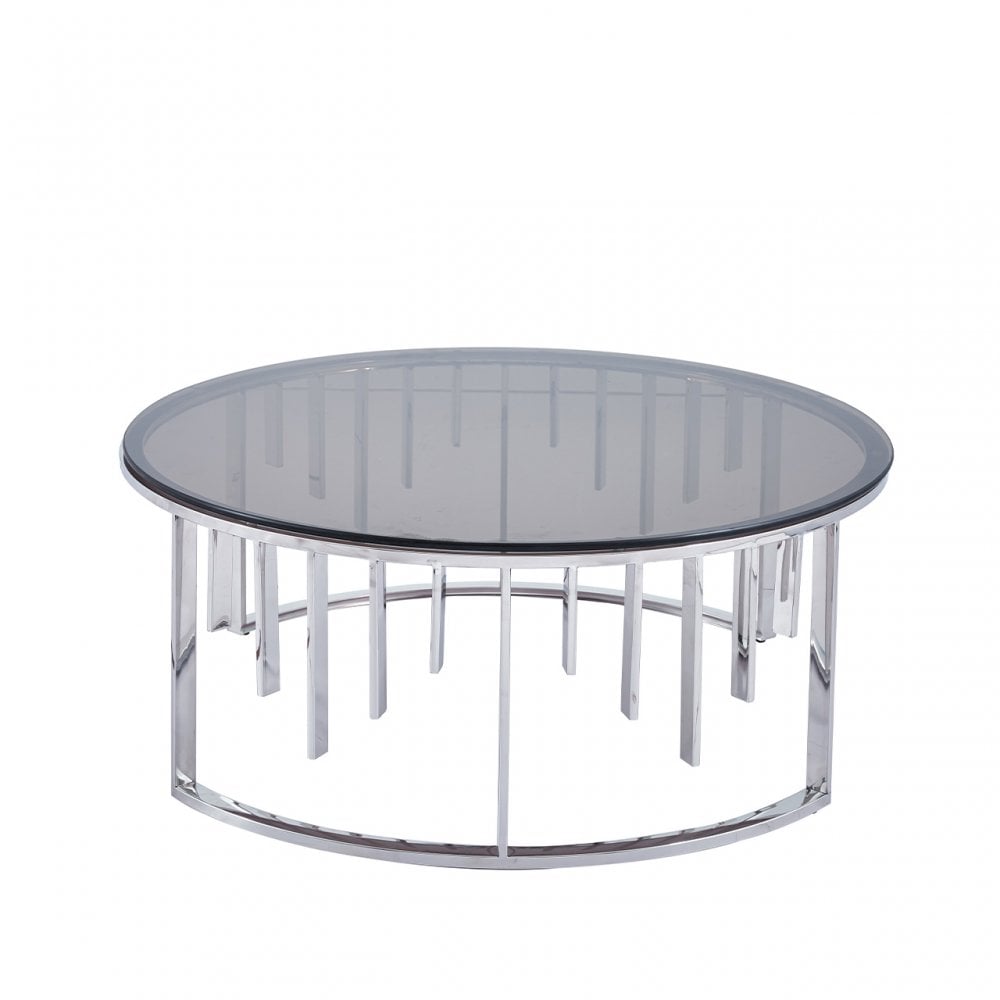 Owen Round Chrome Metal Coffee Table with Smoke Glass Top-2 Parts