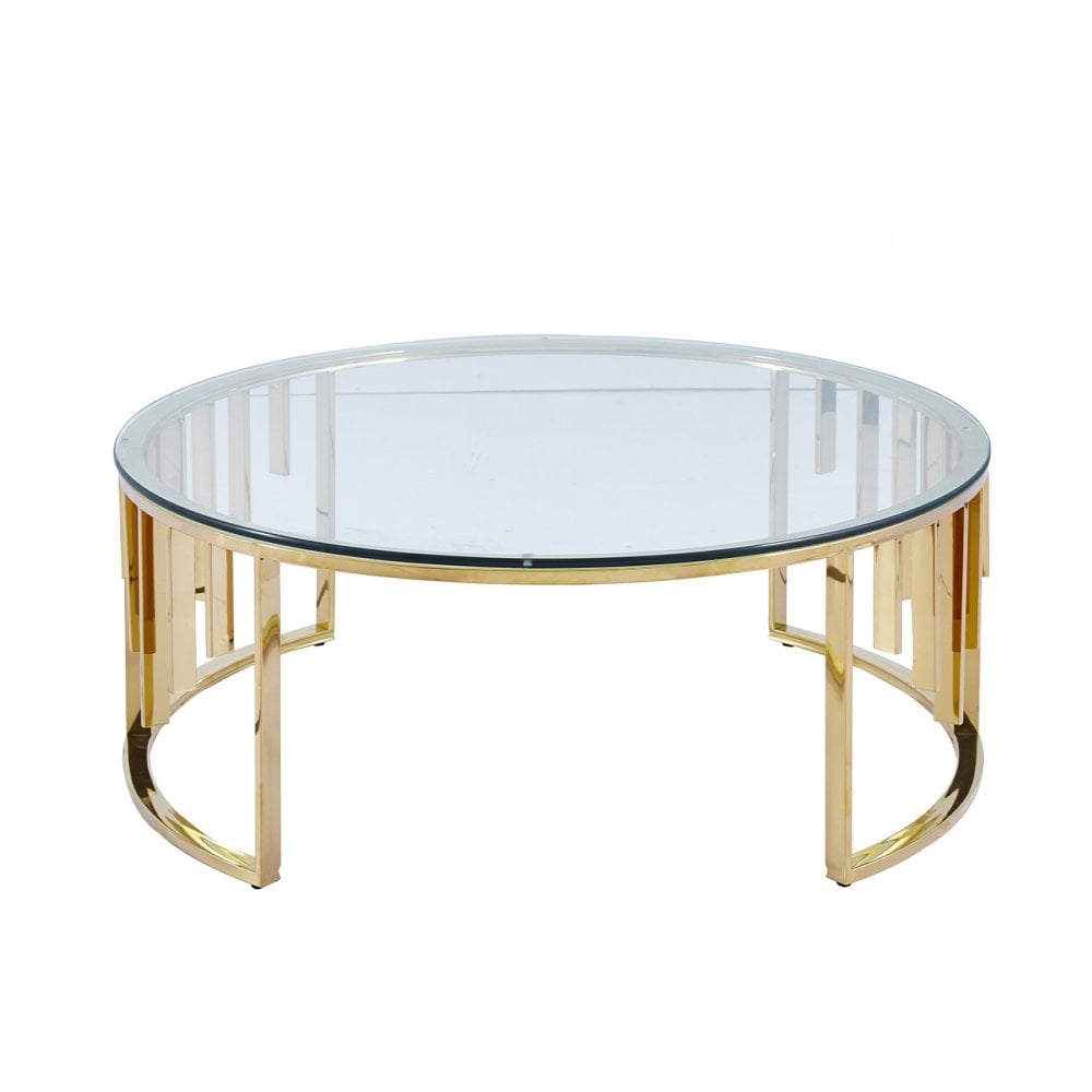 Owen Round Gold Metal Coffee Table with Clear Glass Top-2 Parts