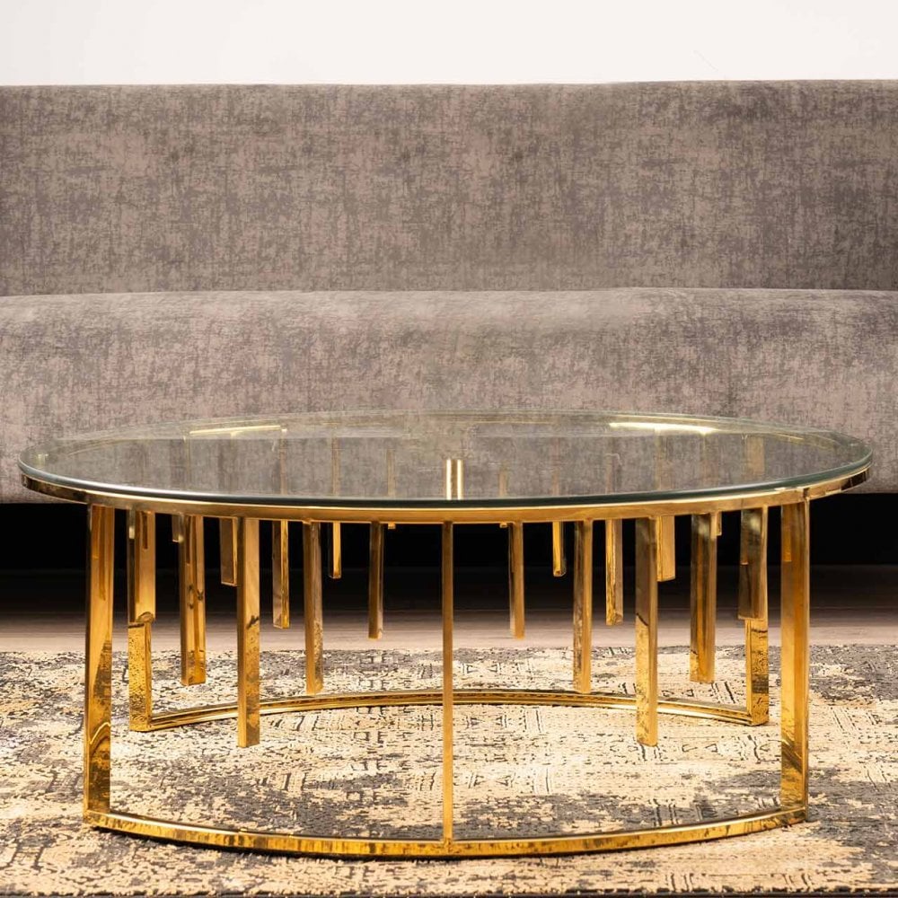 Owen Round Gold Metal Coffee Table with Clear Glass Top-2 Parts