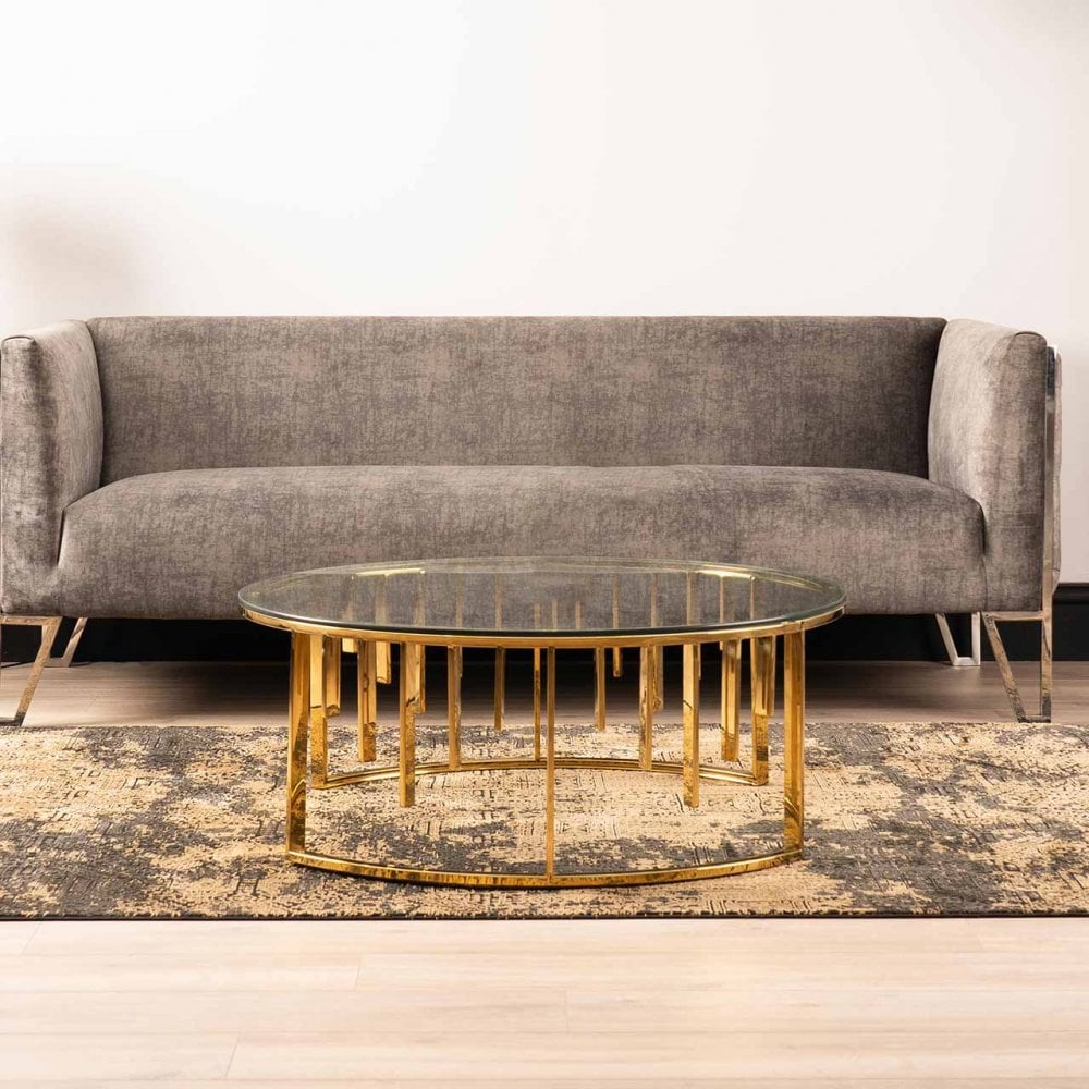 Owen Round Gold Metal Coffee Table with Clear Glass Top-2 Parts