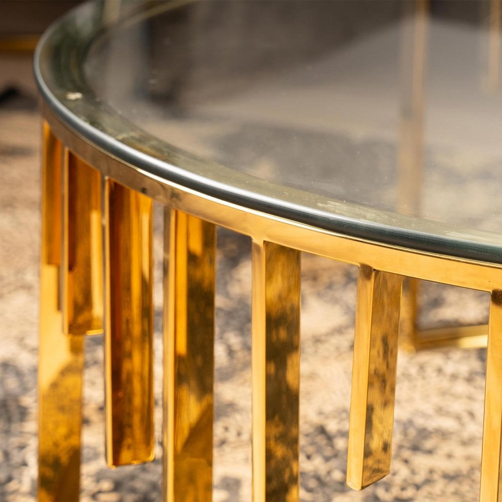 Owen Round Gold Metal Coffee Table with Clear Glass Top-2 Parts