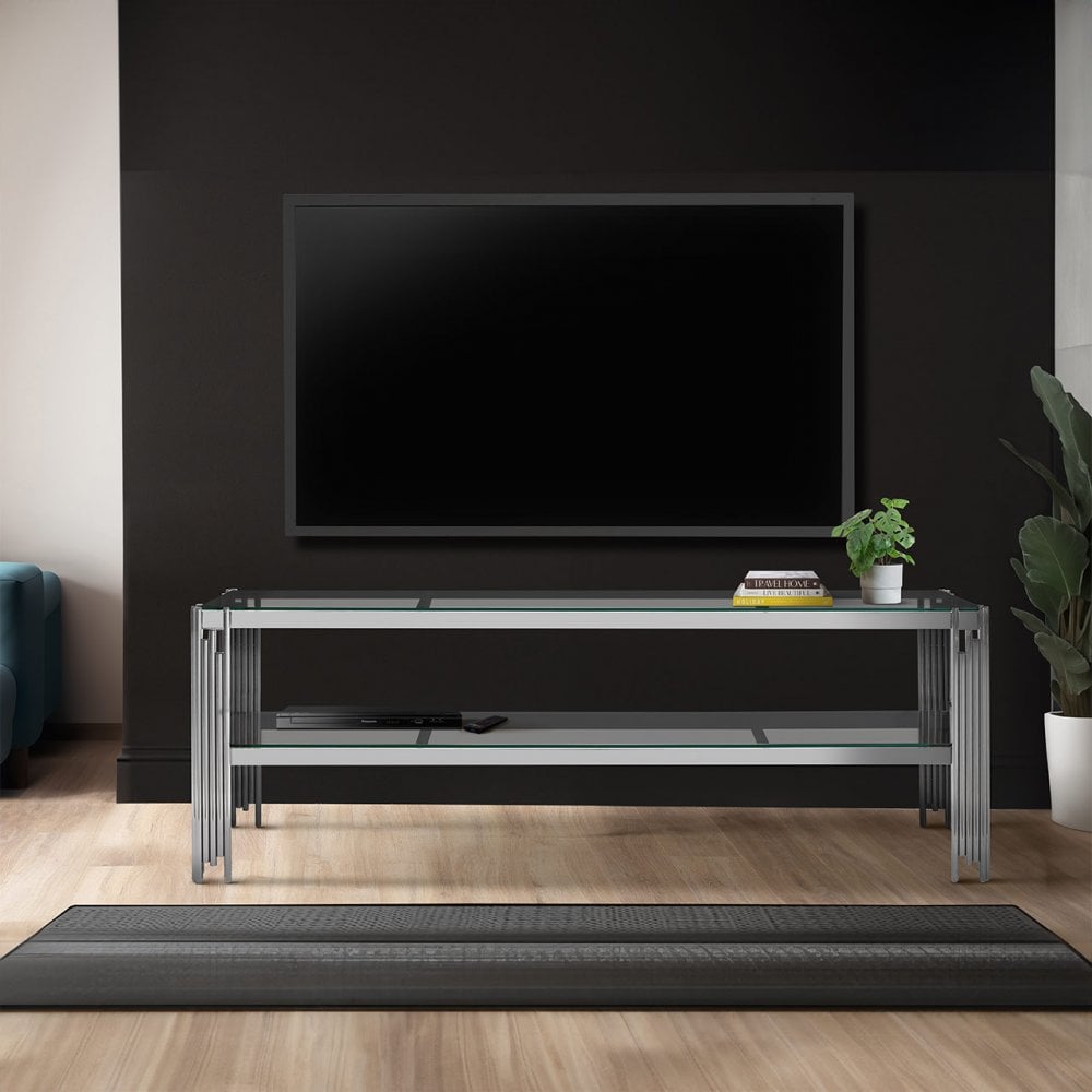 Cohen Chrome Steel Tubes Entertainment Unit with Clear Glass Shelves