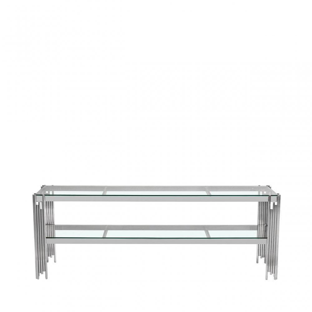 Cohen Chrome Steel Tubes Entertainment Unit with Clear Glass Shelves