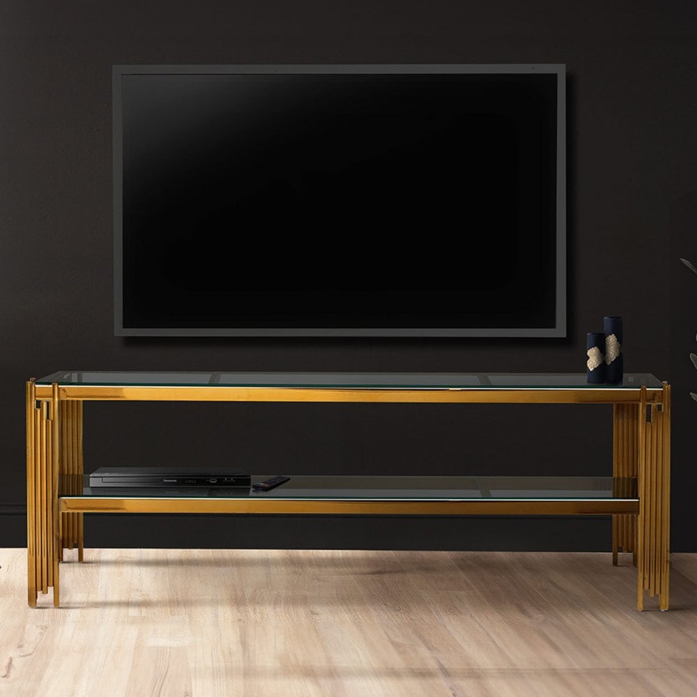 Cohen Gold Steel Tubes Entertainment Unit with Clear Glass Shelves