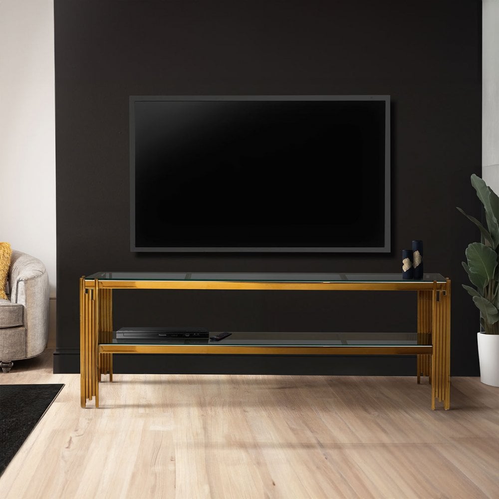Cohen Gold Steel Tubes Entertainment Unit with Clear Glass Shelves