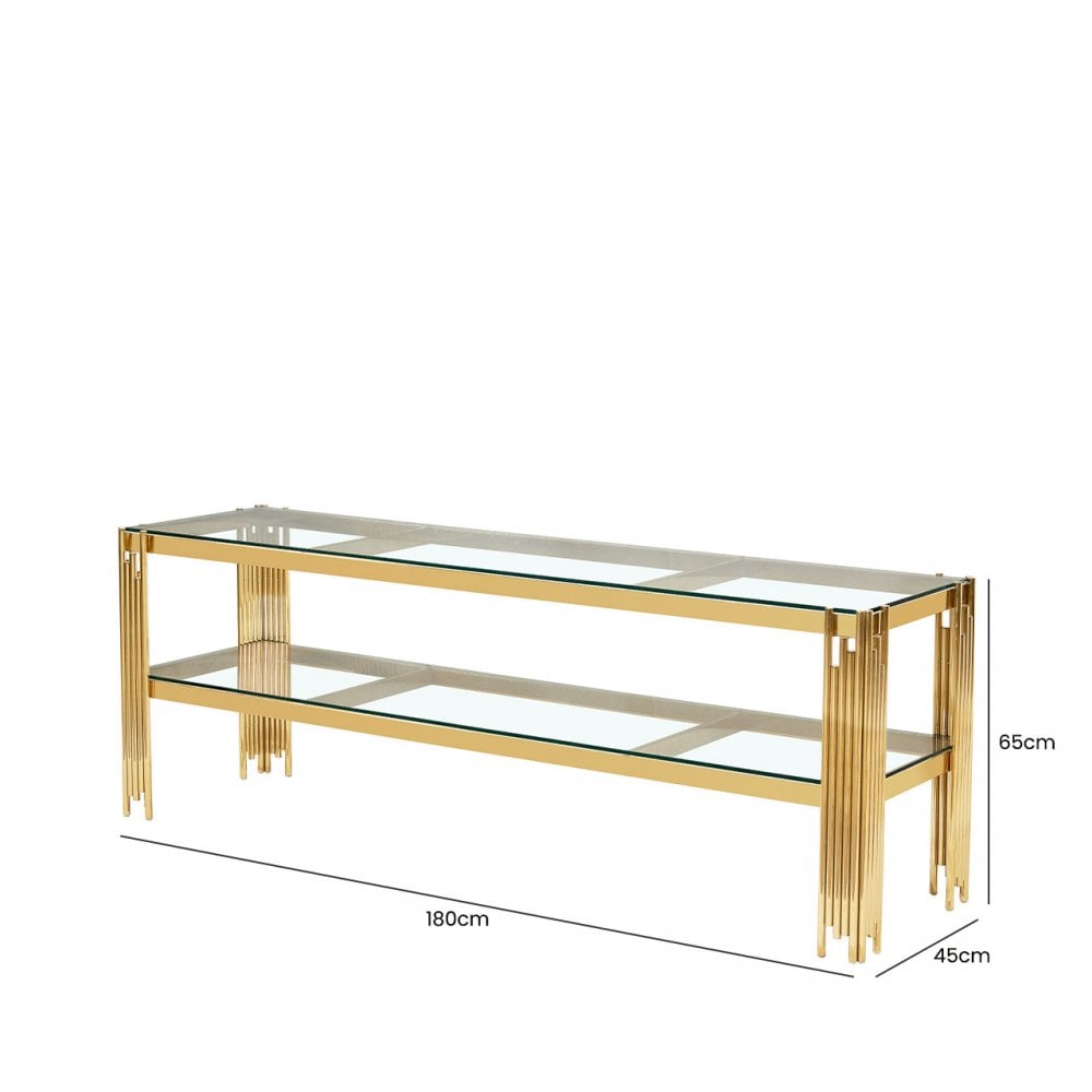 Cohen Gold Steel Tubes Entertainment Unit with Clear Glass Shelves