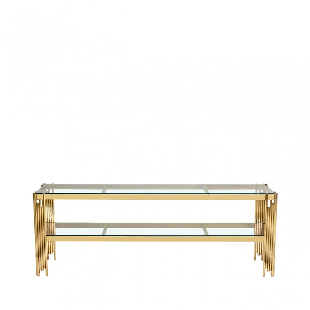 Cohen Gold Steel Tubes Entertainment Unit with Clear Glass Shelves