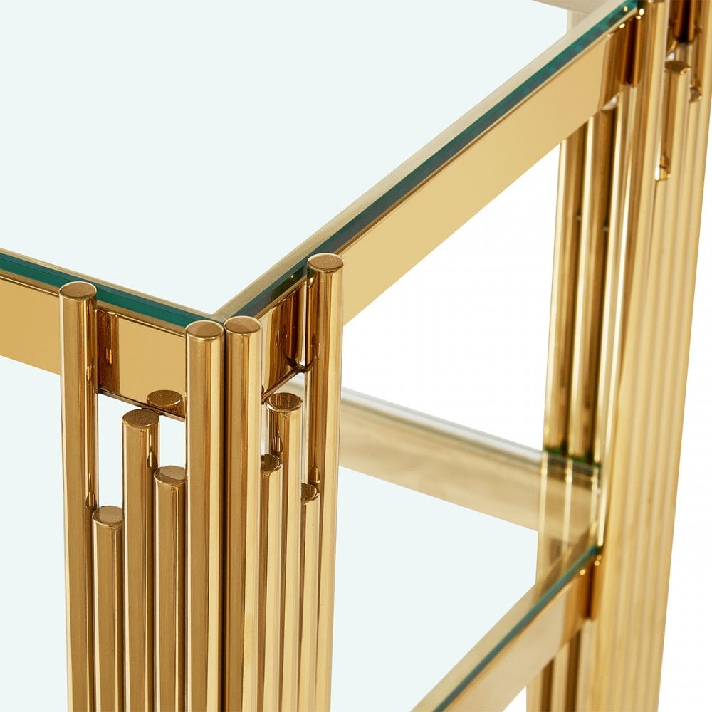 Cohen Gold Steel Tubes Entertainment Unit with Clear Glass Shelves