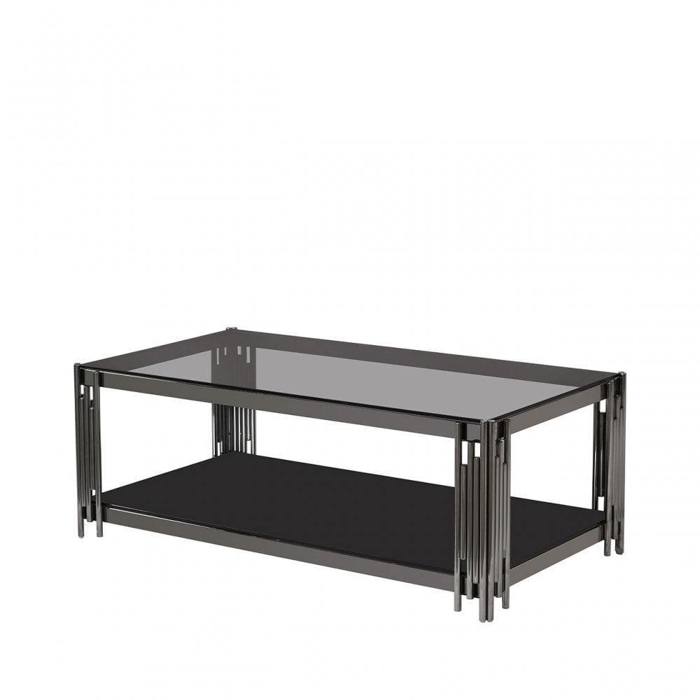 Cohen Black Gunmetal Steel Tubes and Smoke Glass Top Coffee Table - Black Bottom Glass