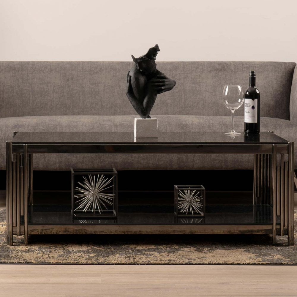 Cohen Black Gunmetal Steel Tubes and Smoke Glass Top Coffee Table - Black Bottom Glass