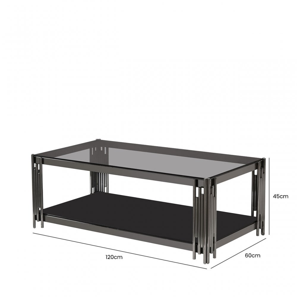 Cohen Black Gunmetal Steel Tubes and Smoke Glass Top Coffee Table - Black Bottom Glass