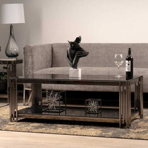 Cohen Black Gunmetal Steel Tubes and Smoke Glass Top Coffee Table - Black Bottom Glass