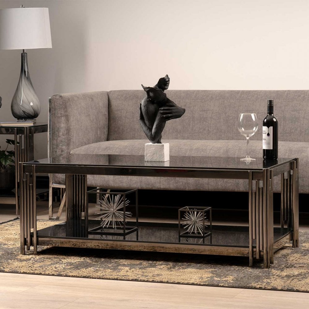 Cohen Black Gunmetal Steel Tubes and Smoke Glass Top Coffee Table - Black Bottom Glass
