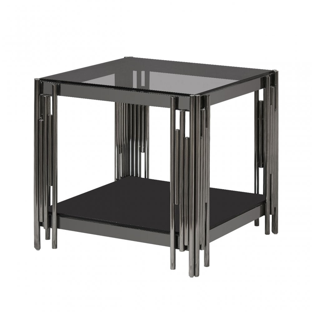 Cohen Black Gunmetal Steel Tubes and Smoke Glass Top End Table - Black Bottom Glass