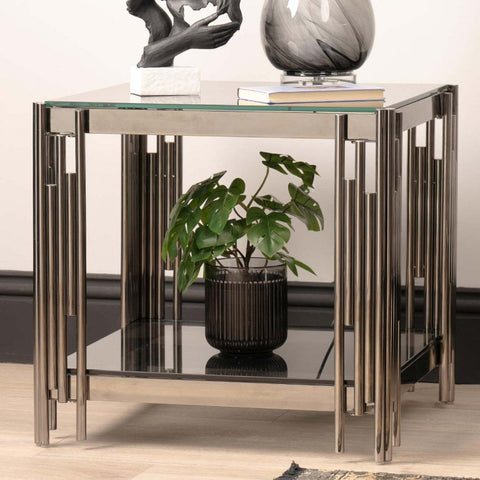 Cohen Black Gunmetal Steel Tubes and Smoke Glass Top End Table - Black Bottom Glass