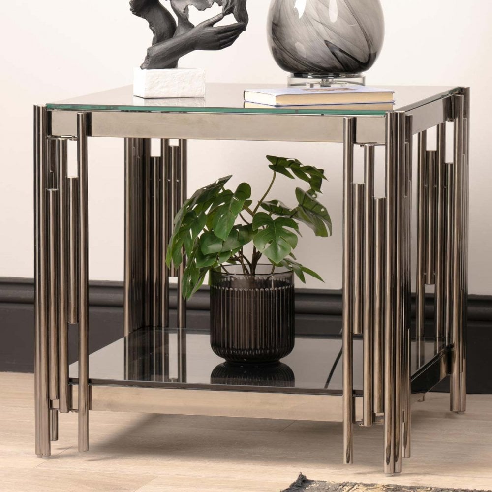 Cohen Black Gunmetal Steel Tubes and Smoke Glass Top End Table - Black Bottom Glass