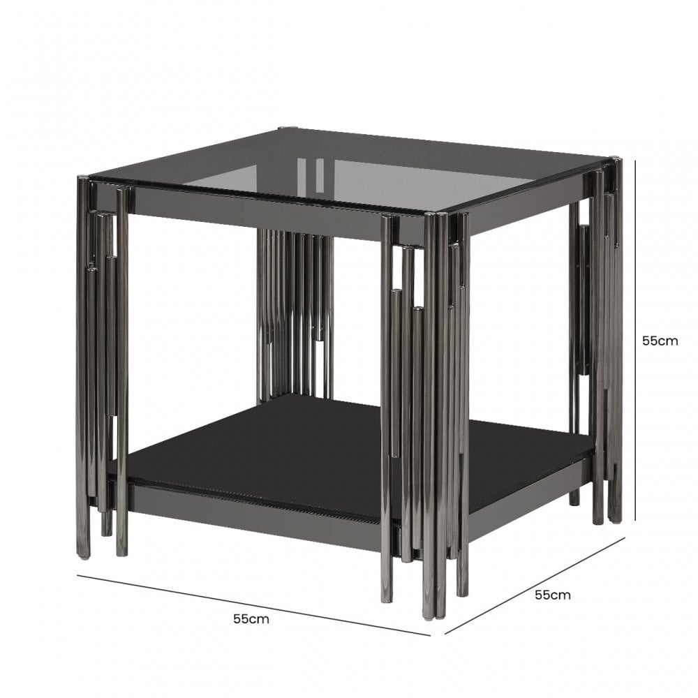 Cohen Black Gunmetal Steel Tubes and Smoke Glass Top End Table - Black Bottom Glass