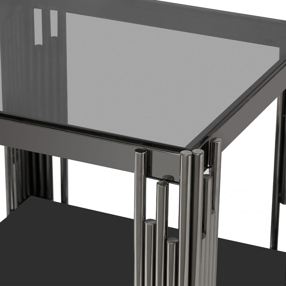 Cohen Black Gunmetal Steel Tubes and Smoke Glass Top End Table - Black Bottom Glass