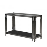 Cohen Black Gunmetal Steel Tubes and Smoke Glass Top Console Table - Black Bottom Glass