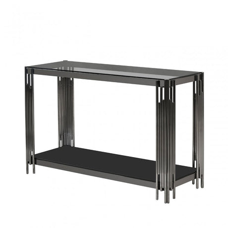 Cohen Black Gunmetal Steel Tubes and Smoke Glass Top Console Table - Black Bottom Glass