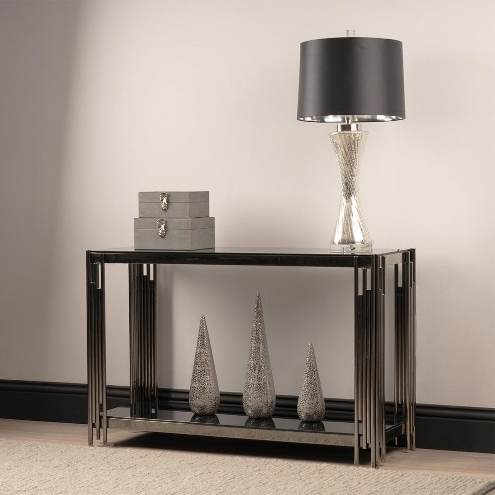 Cohen Black Gunmetal Steel Tubes and Smoke Glass Top Console Table - Black Bottom Glass
