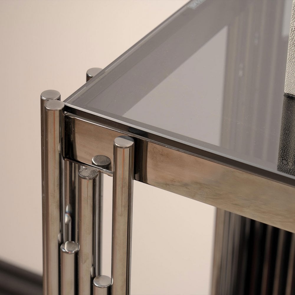 Cohen Black Gunmetal Steel Tubes and Smoke Glass Top Console Table - Black Bottom Glass