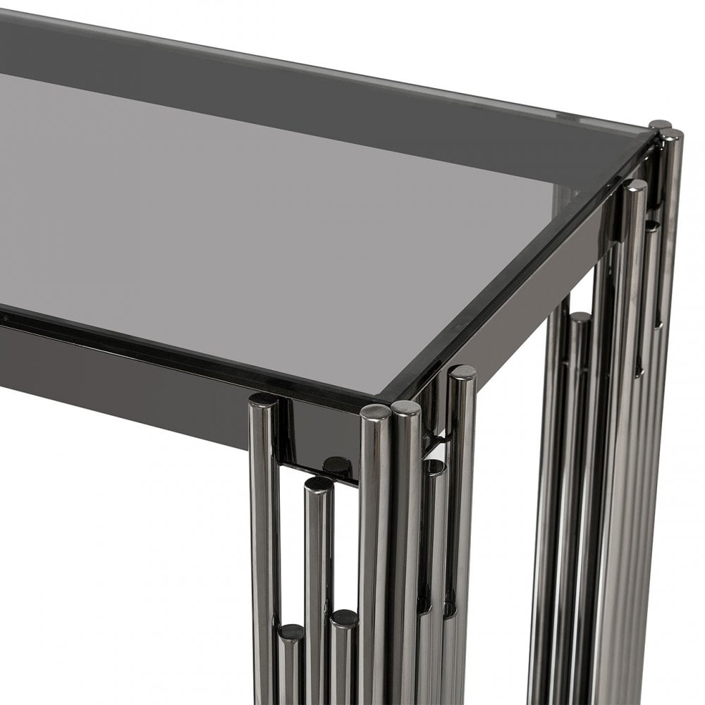 Cohen Black Gunmetal Steel Tubes and Smoke Glass Top Console Table - Black Bottom Glass