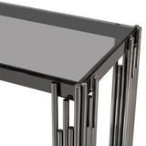 Cohen Black Gunmetal Steel Tubes and Smoke Glass Top Console Table - Black Bottom Glass