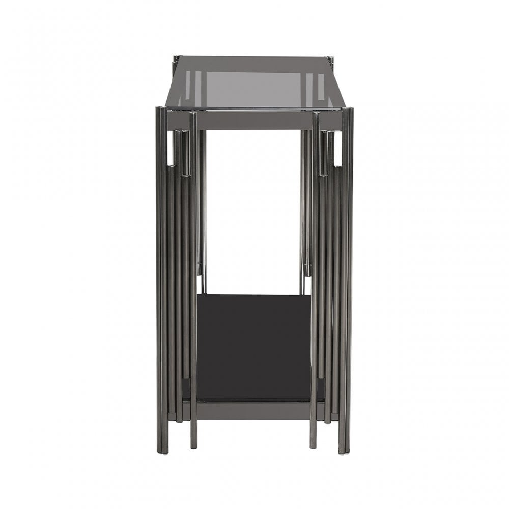 Cohen Black Gunmetal Steel Tubes and Smoke Glass Top Console Table - Black Bottom Glass